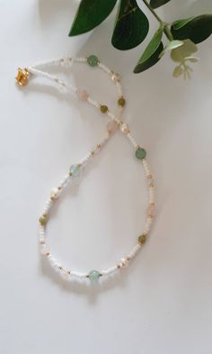 Gorgeous gemstone and seed bead necklace. Perfect for summer and so feminine.  Stunning combination of aventurine, rose quartz, jade, opalite moonstone, freshwater pearls and white matt Miyuki seed beads. Finished with a gold plated lobster clasp. Also available with silver beads and clasp. Available in 4 lengths  14inches  16inches  18inches  20inches  If you require a different length please message me with your request before ordering. All of my jewellery is handmade by me with care and attention to detail and comes gift wrapped. To maintain the quality of your necklace please do not wear when showering, keep dry and avoid contact with chemicals. Miyuki Necklace, Chanel Aesthetic, Diy Armband, Bijoux Fil Aluminium, Beaded Jewelry Necklaces, Beaded Necklace Designs, 16 Inch Necklace, Beaded Necklace Diy, Diy Bracelet Designs