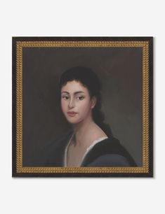 an oil painting of a woman wearing a black dress and white shirt, in a gold frame