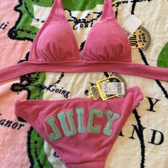 New With Tags Vintage Juicy Couture Pink Terry Cloth 2piece Bikini Swimsuit Surf Royalty Discontinued Swimwear Line By Juicy Couture Both Pieces Size Small Pink Triangle Halter Style Top With Ties At Neck And Around The Back Removable Padding Pink Bottoms Feature Juicy In Green Across Back Bum Please See All Measurements And Compare To A Swimsuit You Already Own To Ensure Correct Fit No Returns On Swimwear Or Vintage Items Smoke Free Deadstock Juicy!! Check Out My Other Rare Juicy Couture Items Cassie Pink Swimsuit, Pink Jucie Couture, Trendy Fitted Pink Swimwear, Couture Aesthetic, Cruise Fits, Juicy Couture Vintage, Swimwear Line, Coconut Dream, Vintage Juicy Couture