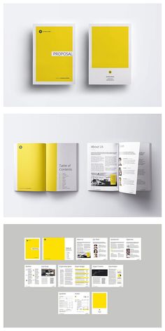 an image of a yellow and white brochure with different layouts on it