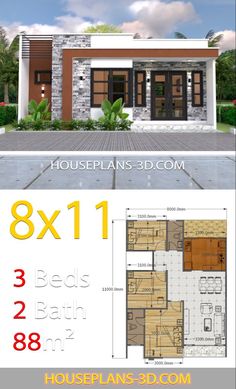 two story house plan with 3 beds and 2 bathrooms in the front, an open floor plan