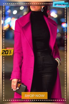 Urban Plain Lapel Collar Long Sleeve Overcoat Color Fuchsia, Lapel Collar, Special Offer, Collar, Long Sleeve, Color