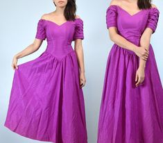 "Vintage 80s party dress in bright fuchsia with an off-shoulder fit and flare silhouette, sweetheart neckline, and large bow at back. ✈ Measurements ✈ * Taken from SEAM to SEAM with garment lying flat *  Bust * 15.5\" Sleeve * 3.75\" Waist * 13\" Hips * Free Size Length * 42.25\" (centre front dip to bottom hem) ✈ Specifics ✈ Label: -- Tagged Size: -- Approx. Fit: XS Color: Fuchsia (Pink-Purple mix) Material: -- (brocade-like, heavier weight with a shiny pattern) Condition: Great Vintage Condition ✈ Features ✈ * Off the shoulder sweetheart neckline * Gathered short sleeves * Fitted bodice with 4 strips of boning (2 front, 2 back) * V-shape waistline * Gathering below waistline * Full skirt  * Back zip entry * Large bow with long tails at upper back (sewn at one end, metal snap fastener at 80s Prom Dress Vintage, 80’s Prom Dress, 1980s Prom Dress, 80's Prom, White Lace Robe, 1980s Prom, 80s Party Dress, Bridal Dressing Gown, Banquet Ideas