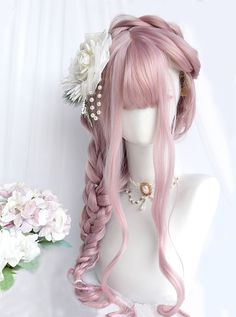 Cute Long Hair Styles Aesthetic, Cute Hairstyles For Long Hair With Bangs, Gothic Wedding Hairstyles, Magical Girl Hair, Fancy Hairstyles For Long Hair, Pink Hair Styles, Kawaii Wig, Pink Hair Wig, Cute Wigs