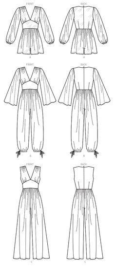 the front, back and side views of a jumpsuit with pleaed details on it