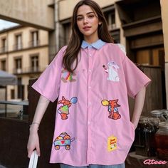 Qteee - Charming Cartoon Embroidered Casual T-Shirt Casual T Shirt, High Waisted Denim, Tulle Dress, Stripes Design, Casual T Shirts, Denim Pants, Pink Black, Season Spring, Pants Set