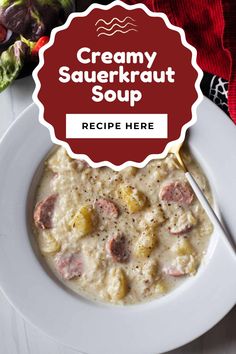 creamy sauerkraut soup in a white bowl with a red label over it