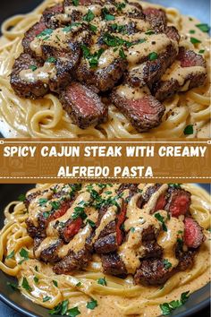 Spicy Cajun Steak Alfredo Pasta, Best Steak Dinner Recipes, Tuscan Steak Pasta, Ribeye Steak Pasta, Creamy Cajun Steak Pasta, Pasta Recipes With Steak, Cajun Steak Alfredo Pasta, Meals To Make For Boyfriend, Creamy Cajun Steak Alfredo