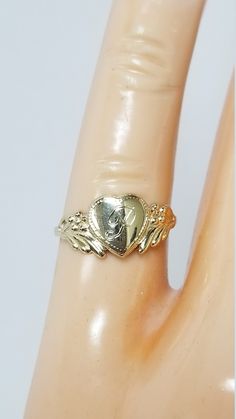 "Thanks for shopping our vintage estate store. We tend to sell well below wholesale and truly hope you enjoy all of our items. Many of the items are one of a kind, so please enjoy scrolling through the pictures and hopefully something will catch your eye. Brown spots are from camera or reflections. Estate 14k yellow gold monogram cursive capital P heart ring. Custom made ring for our shop. Ring size: 3 Setting: 7.5mm 1/4\" to 3/8\" Band width: 1.4mm Weight: .98 gram Marked 14k and it's sweet. On Vintage Gold Initial Ring Stamped 14k, Collectible 14k Gold Heart-shaped Jewelry, Vintage Personalized Jewelry For Collectors, Heirloom Engraved Heart Ring, Personalized Engraved Yellow Gold Ring For Collectors, Classic 14k Heart-shaped Engraved Ring, Classic Gold Initial Ring Collectible, Antique 14k Gold Initial Ring, Classic Heart-shaped Engraved Ring Stamped 14k