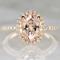 2.3c OVAL CUT HALO MORGANITE .40c DIAMOND ENGAGEMENT RING PINK ROSE GOLD NATURAL Engagement Ring Pink, Honey Suckle, Striking Beauty, Round Diamonds Wedding Band, Pink Engagement Ring, Peach Morganite, Morganite Engagement, Pink Morganite, Diamond Cocktail Rings