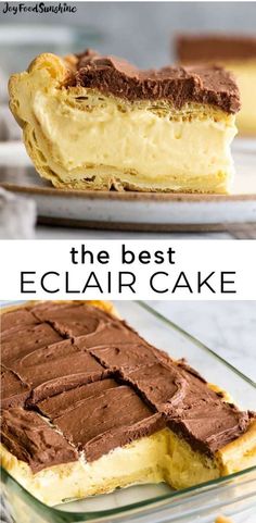 the best eclair cake with chocolate frosting on top and an image of it