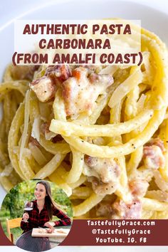 a white plate topped with pasta covered in sauce and meat next to a smiling woman