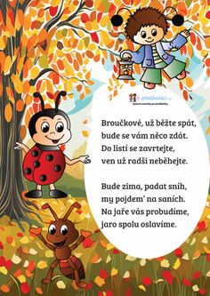 an image of children playing in the fall leaves with a ladybug and antelope