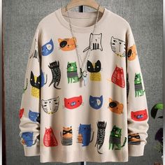 Sweater Cats Size Large Small And Medium New Men Cartoon, Beige Pullover, Pola Sulam, Cartoon Pattern, Sweaters Online, Knitwear Men, Pattern Sweater, Men's Knit, Beige Sweater