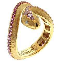 Pink Sapphire Diamonds 18 Karat Yellow Gold Snake Ring Just take a look on this hi-detailed Ring, distributes all the wisdom of the Snake. Carefully selected color graduation from Pink Sapphires to Diamonds gives the impression that Snake is moving. Please request a video link to check the Ring in action US Size 7 3/4 // EU Size 55 7/8 6.01gm 23.6x24.9 mm (WxH) Pink Sapphire Diamond Ring, Sapphire And Diamond Band, Filigree Ring Gold, Snake Jewelry, Contemporary Ring, Heart Pendant Gold, Snake Ring, Sapphire Diamond Ring, Gold Snake