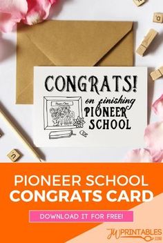 an envelope with the words congratulations on it next to pink flowers and pencils in front of