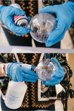 two pictures of hands in blue gloves holding an empty water bottle and a plastic container