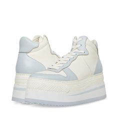 Give your sneaker style some added height in the Steve Madden® Brodiee Sneaker. Lace-up closure offers a secure fit. Classic round toe silhouette. Padded collar for added support. Contrasting color on toe, heel and cuff. Chunky platform sole. Suede, leather, textile upper. Textile and synthetic lining. Synthetic outsole. Imported. STOCK IMAGES: actual item may look a bit different. Order half a size larger than normal for wide feet; normal size for regular or narrow feet. If you don't know your High Top Wedge Sneakers, Shoes Steve Madden, Sneakers Athletic, Wedge Sneakers, Chunky Platform, Adidas Tubular Defiant, Sneakers Fashion, Steve Madden, Womens Sneakers