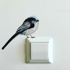 a small bird sitting on top of a white light switch cover with a black and orange design