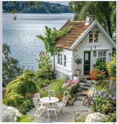 a small white house sitting next to a body of water