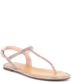 From Gianni Bini, the Avellia Jeweled T-Strap Sandals feature:Fabric upper with allover jewel embellishmentsT-strap sandal designBack strap with buckle closureLeather liningFull sock with jewel embellished border Rubber outsole with cork insertApprox. .31" stacked heel heightImported. Wedding Shoes Flats Sandals, Bridal Flat Sandals, Boho Wedding Shoes, Sparkly Sandals, Wedding Shoes Flats, Bridal Sandals, Shoes Flats Sandals, Flats Sandals, Wedding Sandals