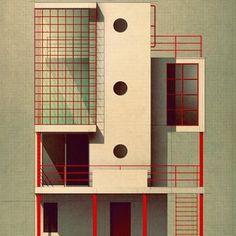 an architectural drawing of a building with red and white balconies on the second floor