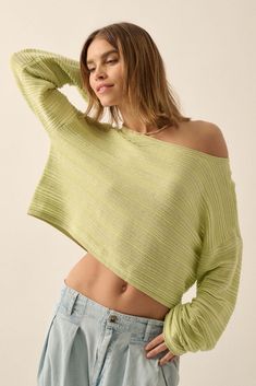 Blurred Lines Horizontal Rib-Knit Cropped Sweater - ShopPromesa Text Codes, Blurred Lines, Rolled Collar, On The Horizon, Ribbed Knit Sweater, Vintage Canvas, Boat Neckline, The Horizon, Layered Look