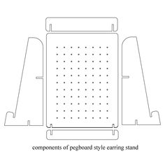 the components of pegboard style earring stand are shown in black and white,