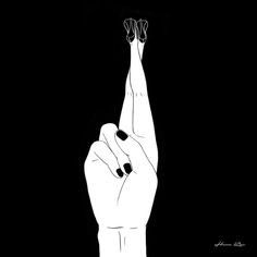 a black and white drawing of a person's hand holding something up in the air