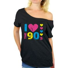 Whether you're an 90's kid who made in the 90's or just discover the magic of 90's later, this super-sweet I Love The 90's Off Shoulder T Shirt for Women is sure to delight you! Enjoy this Awkward Styles I Love The 90's Off Shoulder Shirts in 90's disco parties or in your daily life. Color: Black.  Gender: female.  Age Group: adult. 80s Tops, 80s Tshirts, 80s Disco, Y2k Outfit Ideas, 80s Shirts, Shoulder Shirts, Solid Clothes, Party Shirts, Top Casual