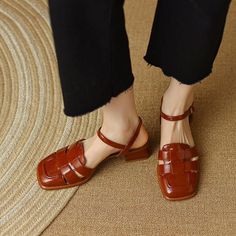 Retro Woven Square Toe Chunky Sandals Medium Heels, Leather Shoes Women, Summer High Heels, Chunky Sandals, Comfortable Flats, Brown Sandals, Bag Dress, Leather Shoes, Loafer Flats