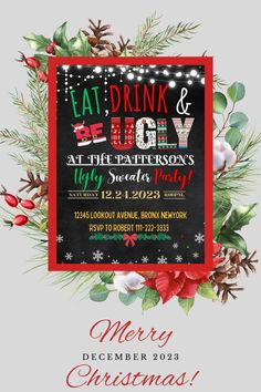 a christmas party flyer with pine cones, holly branches and lights on the front of it