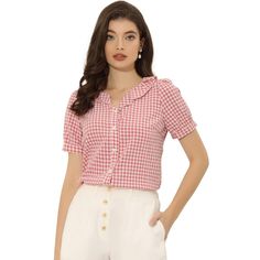 This Allegra K shirt is perfect for creating an ultra-feminine look with a statement Peter Pan collar. It's designed with a puff sleeve. The plaid and full placket highlights the perfect short sleeves with the button-down closure of this soft and straight shirt. This cute Peter Pan collar with lace trim will make you love this cute Gingham Puff Sleeve Ruffle Sleeves shirt top. Plaid Short Sleeve Preppy Tops, Preppy Short Sleeve Plaid Tops, Plaid Puff Sleeve Cotton Top, Plaid Cotton Top With Puff Sleeves, Plaid Fitted Blouse With Puff Sleeves, Fitted Plaid Puff Sleeve Blouse, Fitted Plaid Blouse With Puff Sleeves, Casual Plaid Top With Puff Sleeves, Plaid Short Sleeve Tops With Ruffles