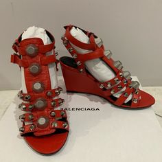 100 % Authentic Balenciaga Giant Silver Wedge Gladiators Sandal - Color: Rouge Vermillon (Red/Orange) - Size: 36 - 4" Heel - Brand New, Never Worn - Original Box And Dust Bag Are Included Silver Wedge Sandals, Gladiator Wedge Sandals, Silver Wedges, Balenciaga Shoes, Wedge Sandal, Gladiator Sandals, Orange Red, Wedge Sandals, Women's Shoes Sandals