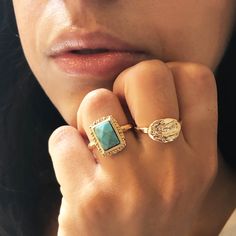 Inspired by an ancient Roman ring with turquoise that represents wisdom, tranquility, protection, good fortune, and hope. We love the sea inspired color of this faceted cabochon stone. Gold plated brass with genuine turquoise. We love to wear this one with a stack of other rings. All orders over $50 ship for free within the USA. All orders usually ship within 24 hours from the USA. Adjustable Gold Spiritual Turquoise Ring, Adjustable Gold Turquoise Ring, Gold Adjustable Turquoise Ring, Adjustable Gold Turquoise Ring In Spiritual Style, Gold Turquoise Stackable Ring, Turquoise Spiritual Stackable Jewelry, Spiritual Stackable Turquoise Jewelry, Turquoise Gemstone Brass Jewelry, Turquoise Brass Spiritual Jewelry