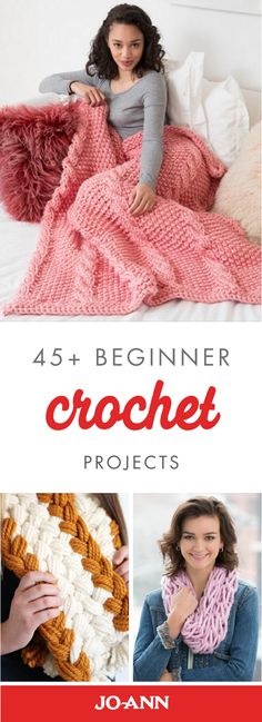 crochet projects for beginners with the title, 45 beginner crochet projects