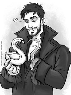 a drawing of a man holding a snake in his hand and smiling at the camera