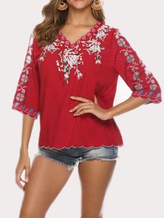 Women's Summer Boho Embroidery Mexican Bohemian Tops Shirt Tunic Blouses Mexican Bohemian, Embroidery Mexican, Boho Embroidery, Boho Style Outfits, Bohemian Tops, Scallop Trim, Summer Boho, Dress Hats, Boho Summer