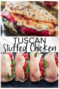 this is an image of stuffed chicken with spinach and cheese on it, along with the words tuscan stuffed chicken