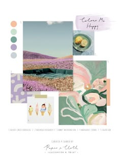 a collage of photos with flowers, ice cream and lemons on them in pastel colors