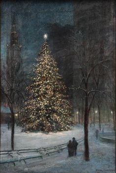 a painting of a large christmas tree in the middle of a snowy park at night