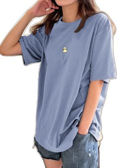 Embroidered Short Sleeve Solid Tops, Embroidered Short Sleeve Tops, Light Blue Crew Neck Shirt For Spring, Embroidered Solid Color Short Sleeve Tops, Casual Blue Embroidered Tops, Plain Blue T-shirt For Spring, Light Blue Embroidered Tops With Crew Neck, Casual Blue Embroidered Shirt, Oversized Light Blue T-shirt For Summer