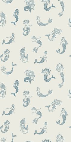 a blue and white wallpaper with various mermaids on the back ground, all in different sizes