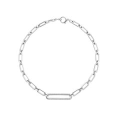 Sterling silver Diamonds, approximately 0.48 carats Diamond paperclip connector measures 47mm x 11mm Necklace length: 18" Circle lobster claw clasp closure Designed in California Style number: N0003606 Classic White Gold Paperclip Bracelet With Chain, Luxury Silver Jewelry With Paperclip Chain, Classic White Gold Paperclip Chain Link Bracelet, Timeless Silver Jewelry With Paperclip Chain, Timeless White Gold Necklace With Lobster Clasp, Luxury Paperclip Necklaces For Formal Events, Modern White Gold Paperclip Jewelry, Luxury Formal Paperclip Necklace, Sterling Silver Paperclip Chain Necklace For Formal Occasions