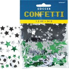 soccer themed confetti in a bag with green and white stars on the side