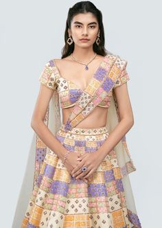 Multicolored beige printed box embellished kasab satin lehenga with lehenga border, blouse and net dupatta with border. Semi-stitched Beige Lehenga For Festivals, Fitted Beige Lehenga With Dupatta, Festive Beige Semi-stitched Lehenga, Semi-stitched Beige Lehenga, Semi-stitched Embroidered Cream Lehenga, Satin Lehenga, Net Dupatta, Lehenga, Satin