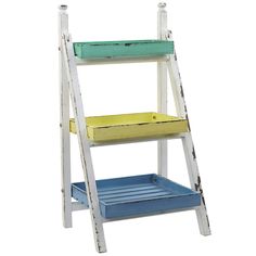 a white ladder with blue and yellow steps on the bottom shelf, against a white background