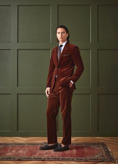 Our signature Sutton Trouser offers a twist on the traditional tailored suit pant. It has a moderate rise and flat front, and falls straight through the hip to taper through the thigh and knee for a modern, slim fit. The fabric is a pinwale cotton corduroy with a bit of stretch for comfort, in a rich rust color called Corduroy Suit Mens, Guys Prom Outfit, Guys Prom, Suits For Guys, 1940s Mens Fashion, Holiday Luncheon, Corduroy Suit, Prom Suits For Men, Prom Outfit