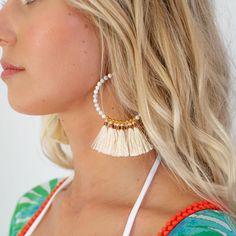 (1) Ivory Tassel Hoop Earrings | Bette Bohemian Tassel Earrings For Summer Vacation, Trendy Summer Tassel Earrings For Beach, Summer Vacation Tassel Earrings, Summer Beach Tassel Earrings, Summer Beach Dangle Tassel Earrings, Spring Beach Tassel Earrings, Handmade Tassel Earrings For Summer Vacation, Trendy White Tassel Earrings For Summer, Spring Beach Jewelry With Tassels