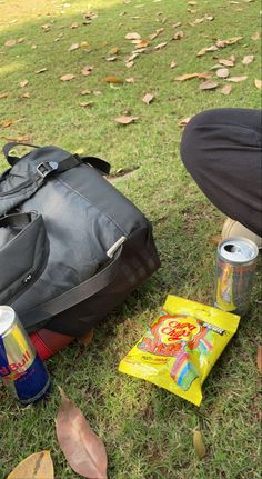 a backpack and some drinks on the ground in front of a bag with food items